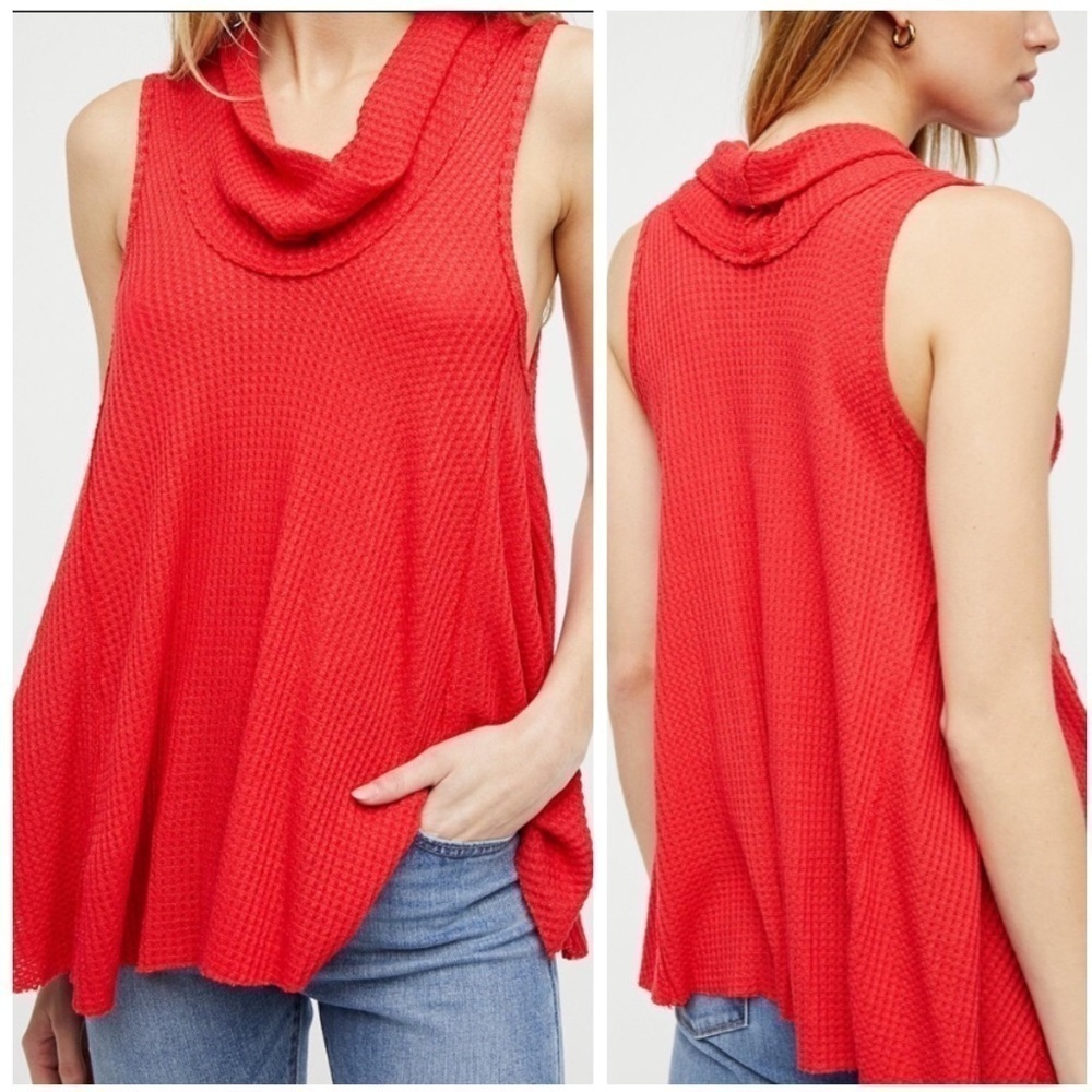 Free People Swing It Cowl Neck Slouchy Boho Waffle Knit Red Tank Top Size XS